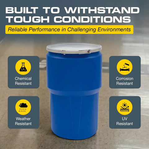 Blue 14 Gallon Plastic Drum for Hazardous Materials Storage and Spill Response DOT Compliant Open Head Drum with Removable Lid