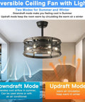 19 Inch Black Caged Ceiling Fan With Lights And Remote, Industrial Style, showing reversible modes for summer and winter use.
