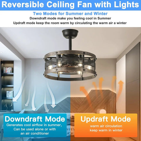 19 Inch Black Caged Ceiling Fan With Lights And Remote, Industrial Style, showing reversible modes for summer and winter use.
