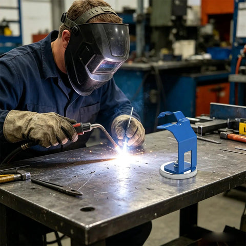Get Your Hands On This Heavy-Duty Magnetic Welding Torch Holder With Rock-Solid Precision Support And A Super Strong Grip To Keep Your Mig Welder Steady While You Hammer Out Projects In The Shop Without Breaking A Sweat; a welder using it.