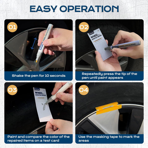 Wheel Scratch Repair Kit For Cars Rim Touch Up Paint Pen In Silver shown in four-step easy repair process on wheels