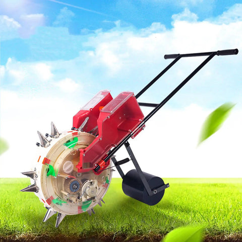Easy To Use No Fuss Manual Seeder Roller With 5 Openings Hand Push Row Crop Planter And Fertilizer Spreader in a garden