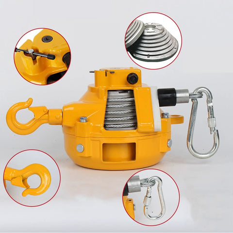 Shop Ready Heavy Duty Spring Balancer Reel With Wire Rope Tool Hanger And Self Locking Aluminum Pulley for 160 kg with hooks and pulley details.