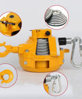 Rock Solid Spring Balancer Tool Hanger Rig Featuring Smooth Self Lock Pulley And Tangle Free Steel Cable For Shop Essentials Or Job Site Gear Up To 160 Kilos Load Limit close-up of steel cable and hooks.