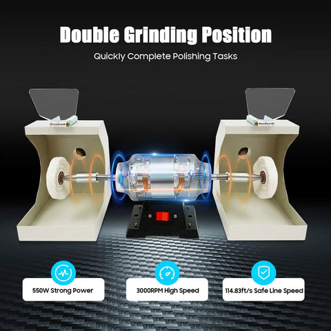 Top Shelf Heavy Duty 550W Dental Polishing Lathe Machine Solid As A Rock 3000 Rpm Bench Buffer Polisher showing double grinding position.