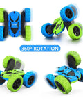 Aqua Racer Remote Control Car for Kids, 360 Degree Double Sided RC Vehicle in blue and green with LED headlights.