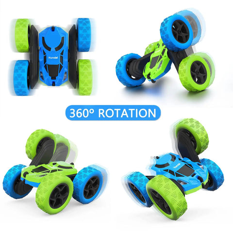 Aqua Racer Remote Control Car for Kids, 360 Degree Double Sided RC Vehicle in blue and green with LED headlights.