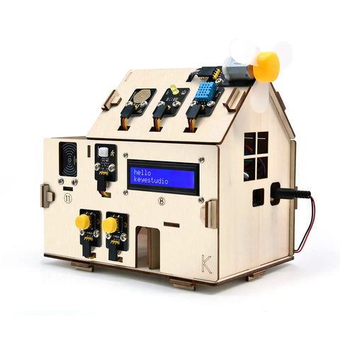 ESP32 Smart Home Starter Kit For Arduino And Python Learn Electronics With DIY Home Automation Coding Kit Featuring 13 Projects Wooden House Sensor Kit STEM Education Set For Beginners And Teens 15 Plus, showing a wooden house model with sensors and display.