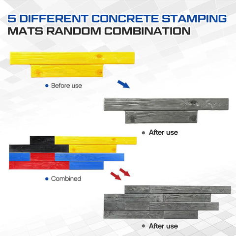 Five Piece Concrete Stamping Mats Set With Durable Polyurethane Texture Molds showing different combinations and effects on concrete.