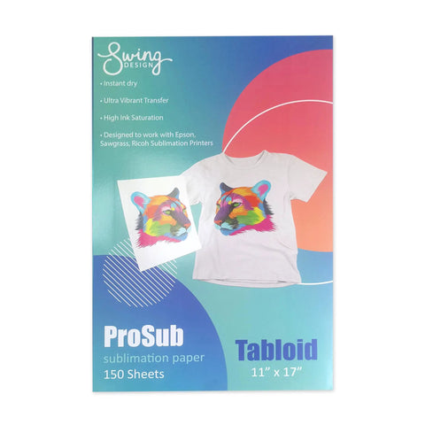 Package of Premium Dye Sublimation Transfer Paper 11 By 17 Inches, 150 Sheets, Smudge Resistant, with vibrant transfer image.