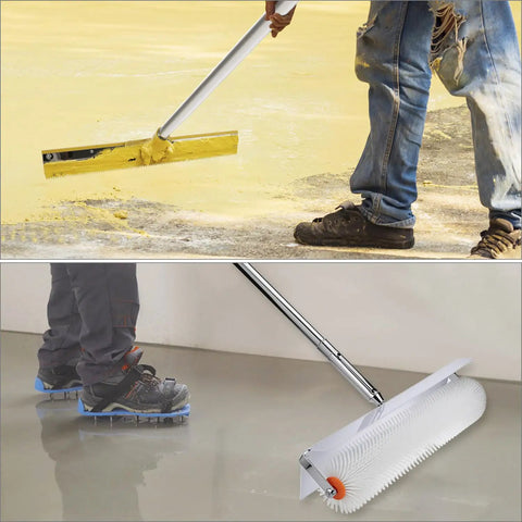 Self Leveling Tools Kit With 20 Inch And 9 Inch Spiked Rollers 22 Inch Self Leveling Rake Scraper Spike Shoes and pole in use