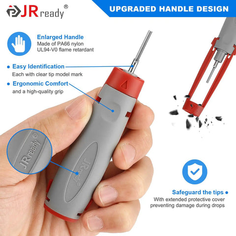 Close-up of 20 Piece Pin Removal Tool Kit For Electrical Connectors with ergonomic handle and connector pin extractor tip.