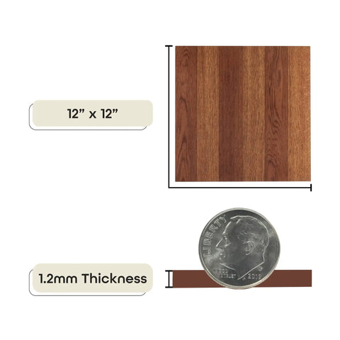 Self Adhesive Vinyl Floor Tiles 12 By 12 Inch, 45 Tile Pack, Medium Oak Plank Look, showing tile thickness compared to coin