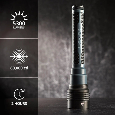 ProTac HL 6 5,300 Lumen Rechargeable Tactical Flashlight with USB-C cord shown upright on a dark surface