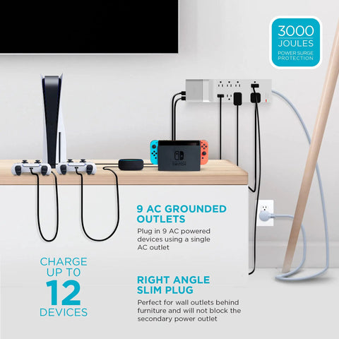 Power Rover 9 Outlet Power Strip Surge Protector With 6 Ft Extension Cord And Detachable USB Charger 4 USB Ports shown on desk