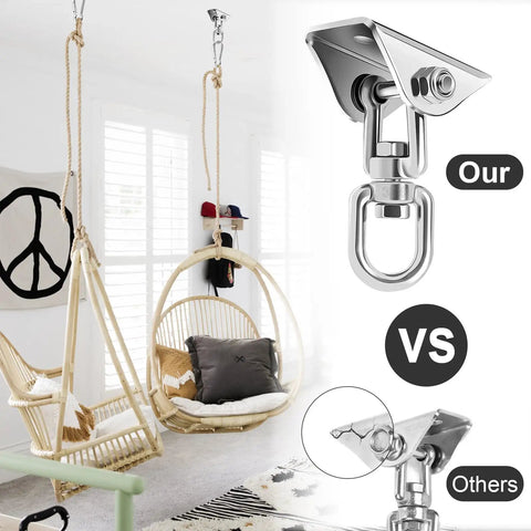 Two Pack Swing Hanger Set 304 Stainless Steel Beefy Heavy Duty Ceiling Mount Swivel Hooks 1763 Lbs Capacity For Hammock Chair Yoga Punching Bag Indoor Outdoor vs other connectors with wicker chair in room