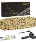 Gold 525 X Ring Motorcycle Chain With 110 Links Including Master Link And Chain Breaker Set displayed with packaging and tools