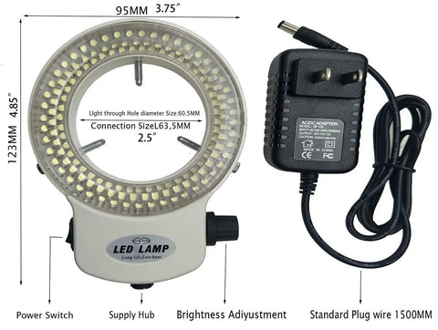 Pro Grade 144 LED Ring Light Illuminator For Stereo Microscope With Adjustable Brightness From 0 To 100 Percent, Shadow Free Illumination, UL Certified, 12 Volt Output, 100 To 240 Volt AC Input, US Plug, One Year Warranty, Great For Precision Imaging. 95mm ring light with adapter