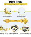 Badass Heavy Duty Series Four PTO Shaft 1-3/8 Inch Six Spline Both Ends shown with assembly instructions for quick attachment.