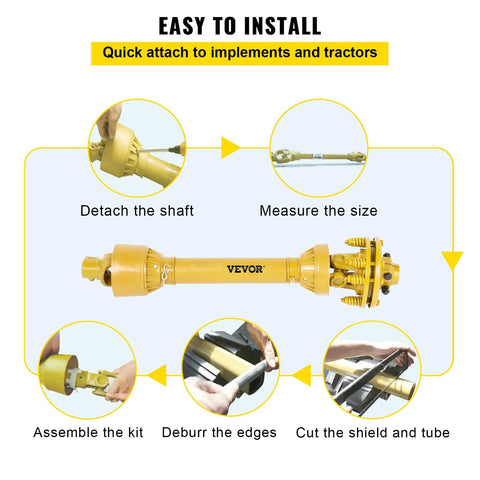 Badass Heavy Duty Series Four PTO Shaft 1-3/8 Inch Six Spline Both Ends shown with assembly instructions for quick attachment.