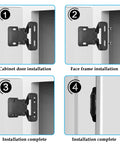 Top Tier 4 Pack Overlay Cabinet Door Hinges Slick Matte Black Finish With Self Closing Build, installation steps showing cabinet door assembly.