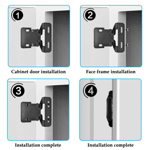 Top Tier 4 Pack Overlay Cabinet Door Hinges Slick Matte Black Finish With Self Closing Build, installation steps showing cabinet door assembly.