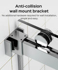 Close-up of anti-collision wall mount bracket for Frameless Double Sliding Shower Door With Adjustable Width To 56 To 60 Or 68 To 72 Inch Openings 10mm Tempered Glass Stainless Steel Hardware Towel Bar Handle Waterproof Seals Chrome Finish Reversible Installation No Soft Close.