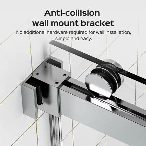 Close-up of the anti-collision wall mount bracket for Frameless Double Sliding Shower Door With Adjustable Widths From 56 To 60 Inches Or 68 To 72 Inches, 10mm Tempered Glass, Stainless Steel Hardware.