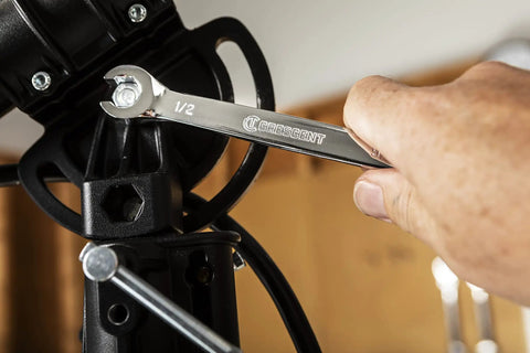 Person using Three Piece SAE Flare Nut Wrench Set Pro Grade Heavy Duty Tools For Soft Metal Nuts Hex Head Design Chrome V finish