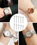 Stainless Steel Watch Band Pins Replacement Kit With Quick Release Spring Bars, Link Pins, And Remover Tool shown with watches.