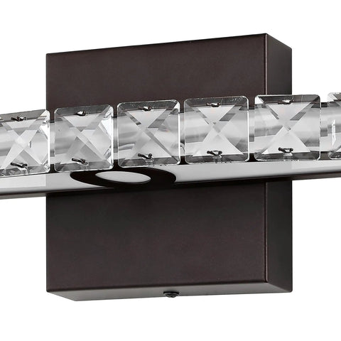 Close-up of Oil Rubbed Bronze 18 Inch 1 Light Vanity Light With Integrated LED, featuring crystal prism detail and dimmable function.