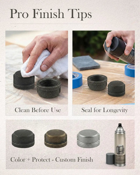 Pro finish tips for 10 Pack Three Quarter Inch Malleable Cast Iron Pipe Cap For Threaded Black Pipes showing cleaning and sealing process