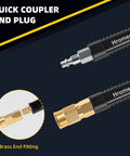 Quick coupler and brass plug detail on Three Eighth Inch Lead In Air Hose Six Feet Long With One Quarter NPT Quick Coupler
