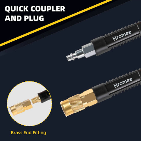 Quick coupler and brass plug detail on Three Eighth Inch Lead In Air Hose Six Feet Long With One Quarter NPT Quick Coupler