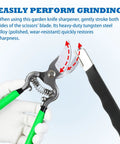 Using the Six Piece Garden Tool Sharpener Set With Carbide Knife Sharpener and All Purpose Sharpening Stone for garden tools knives machetes and shears save time and labor on pruners.