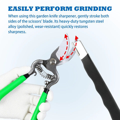 Using the Six Piece Garden Tool Sharpener Set With Carbide Knife Sharpener and All Purpose Sharpening Stone for garden tools knives machetes and shears save time and labor on pruners.