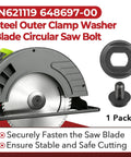 All In One Steel Outer Clamp Washer And Blade Bolt Kit That Fits DCS372 DCS390 DCS391 DCS392 DC310 DCS373 DC310K DC390B DCS393 For Circular Saws Pro Grade Replacement Parts, showing washer and bolt next to saw diagram