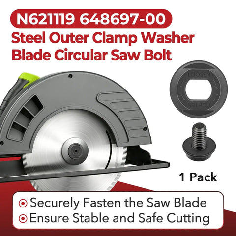 All In One Steel Outer Clamp Washer And Blade Bolt Kit That Fits DCS372 DCS390 DCS391 DCS392 DC310 DCS373 DC310K DC390B DCS393 For Circular Saws Pro Grade Replacement Parts, showing washer and bolt next to saw diagram