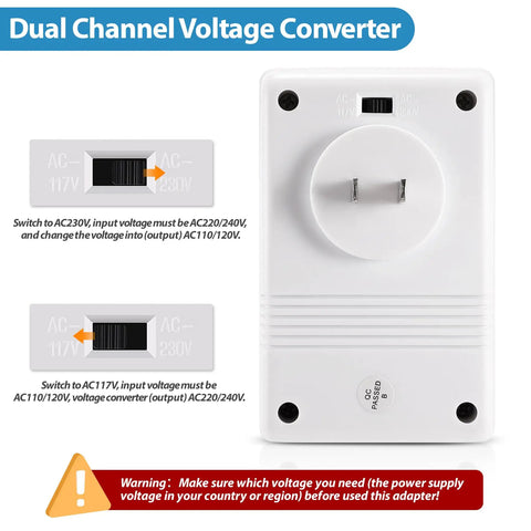 Dual Channel 110V To 220V Step Up And Down Voltage Converter for travel shown with switch and warning label
