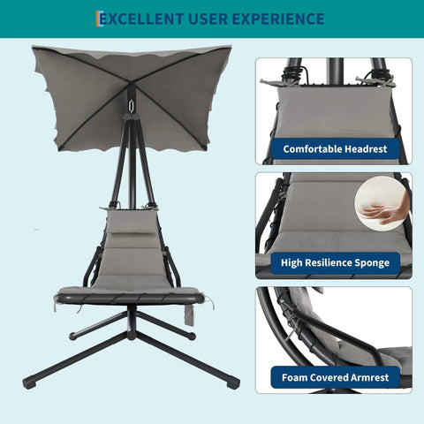 Chaise Lounger Swing Chair with umbrella canopy, ergonomic headrest, high resilience sponge, and foam covered armrest for outdoor use