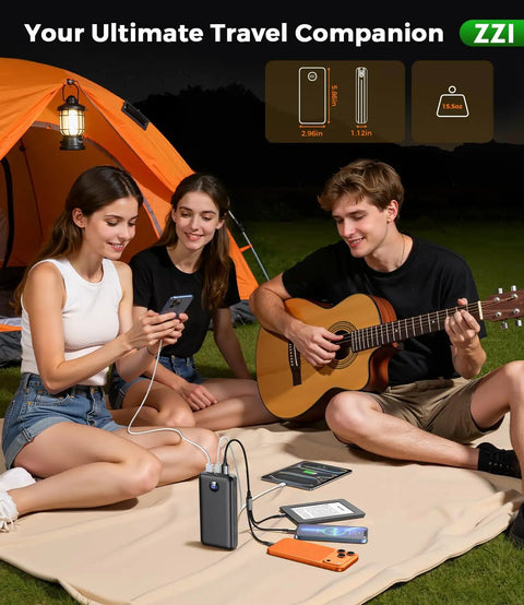 People camping using Massive 60000mAh Power Bank With 3 In 1 USB-C iOS Micro USB Cable And 22.5W Fast Charge, charging phones and tablets