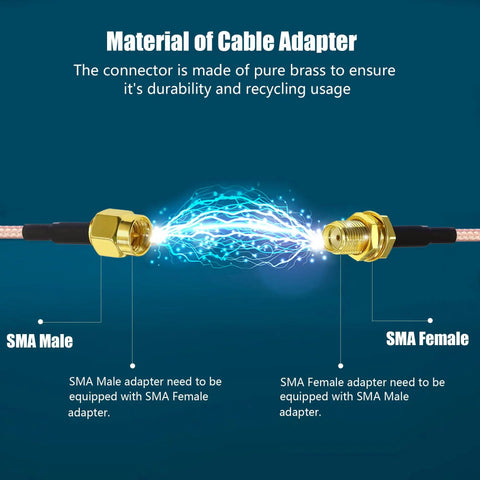 SMA Male to Female Connector Displayed on Coax Cable, Showing Brass Material, Ideal for SMA To PCB Solder Cable 6 Inch 15cm RG316 Coax Antenna Extension Wire With SMA Male To PCB Connector For WiFi Routers 50 Ohm Impedance 2 Pack Ideal For Wireless Router Antenna Upgrades And Shielded Quick Install