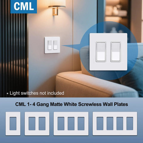Matte White Screwless Wall Plate 2-Gang Decorator Outlet Covers 4 Pack Modern Home Upgrade displayed in living room