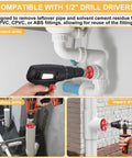 User demonstrating 9 Piece PVC Pipe Reamer Kit With Aluminum Head And 2 Blades For SCH40 Fittings, in use with various drill types.