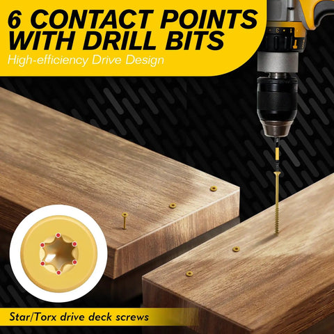 Pro Grade Size 10 X 2-1/2 Inch Yellow Star Drive Wood Screws, 120 Pack Self Tapping Deck Screws With Free 50mm T25 Bit, drilling