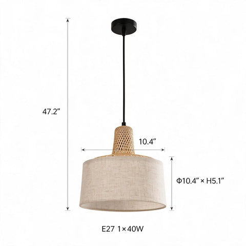 milaruoro Pendant Light with Bamboo and Fabric Shade, Black Hanging Light Fixture, 47.2" height, 10.4" diameter.