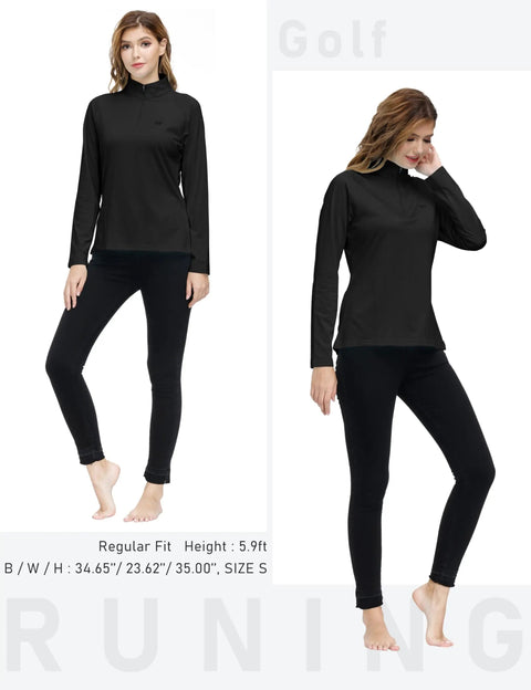 Women Long Sleeve Golf Polo Shirt Quarter Zip Stand Collar Pullover With Thermal Lining For Cold Weather Athletic Workout Top For Golf And Gym Training Black Size Medium Moisture Wicking Breathable worn by model.