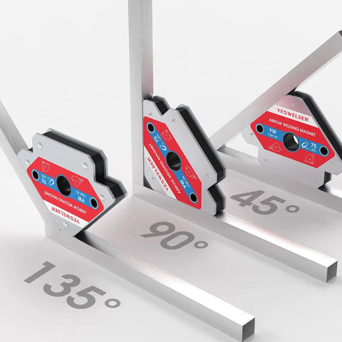 75 Lb Welding Magnet Set With Two Magnetic Weld Holders 75 Lb Holding Power Multi Angle Design For Secure Welds shown at 45°, 90°, 135°