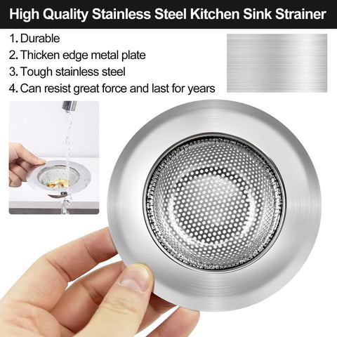 Hand holding stainless steel kitchen sink strainer, highlighting durable construction and thickened edge plate.