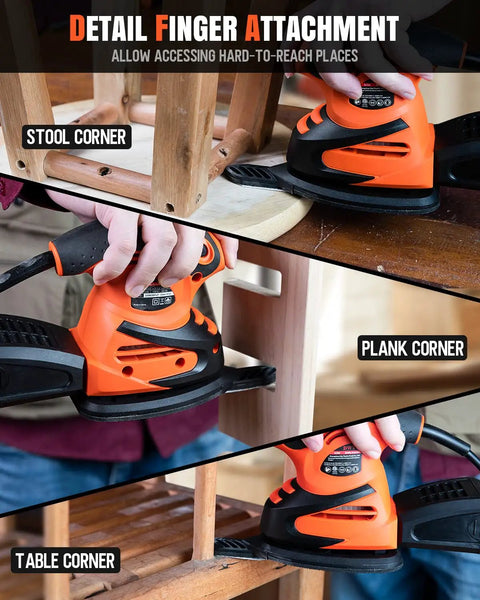 Straight Shooting Electric Detail Sander With Heavy Duty Dust Extraction And Ergonomic Palm Grip for hard-to-reach stool and table corners.